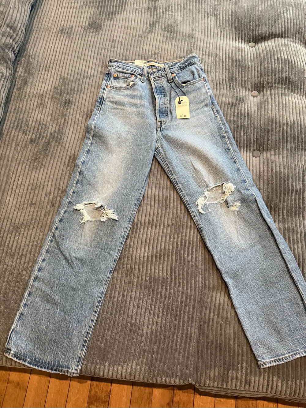 Levi's Light Blue Distressed Ribcage Straight-Leg Jeans